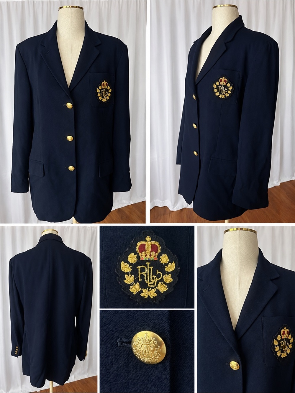 Lauren Ralph Lauren Wool Crest Blazer Navy Gold Buttons USA Women’s 14 Preppy
